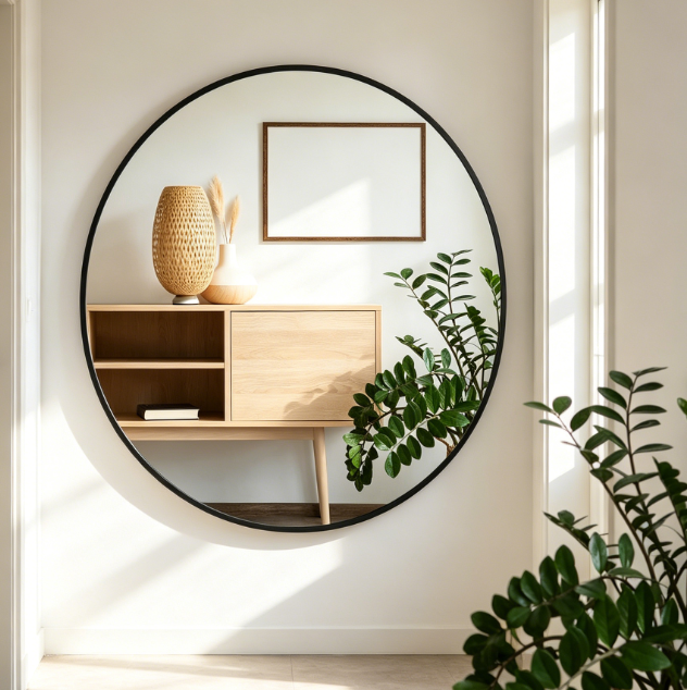 Round Wall Mirror with Matte Black Metal Frame, 24 Inches, for Bathroom, Entryway, Living Room